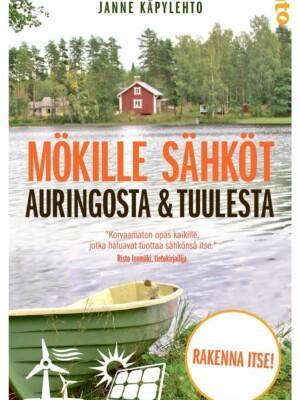 Mökille sähköt auringosta ja tuulesta -oppaan kansikuvassa on järvi ja vene ja vastarannalla punainen mökki.