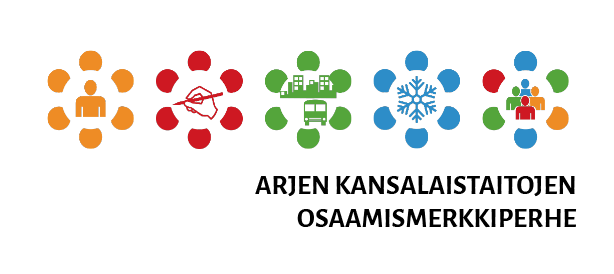 Viisi arjen kansalaistaitojen osaamismerkkiä.