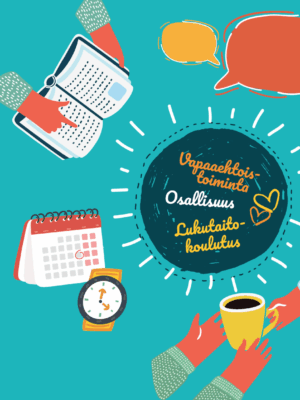 Vapaahtoistoiminta osallisuuden ja lukutaidon tukena -oppaan tuotekuva: piirroksia vapaaehtoistoiminta, osallisuus, lukutaitokoulutus.