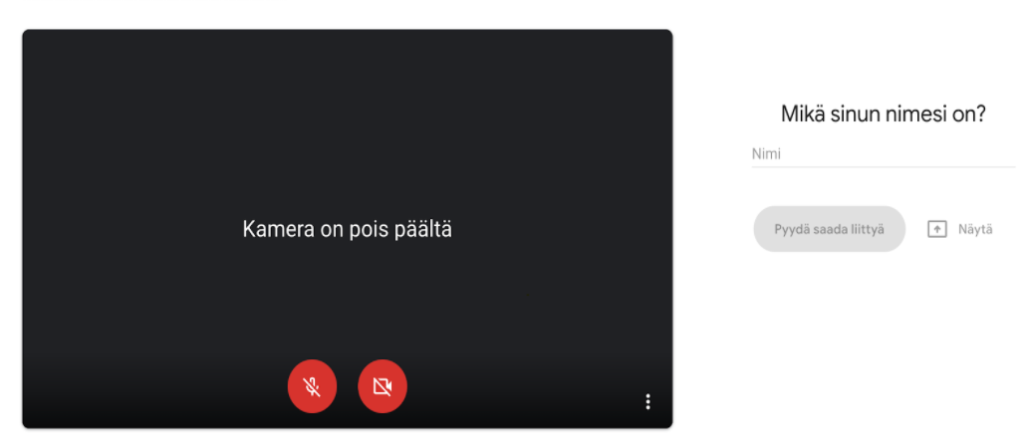 Näytönkaappaus Google Meets -odotustilasta, jossa kysytään osallistujan nimeä.