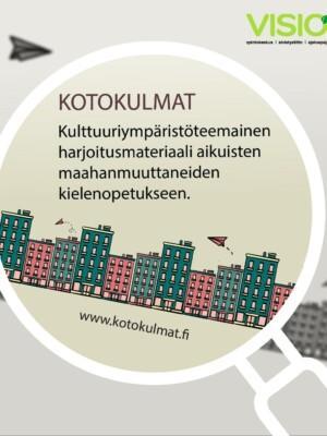 Kotokulmat -materiaalin julakisukuvassa on värikkäitä kaupunkitaloja ja lennokkeja.