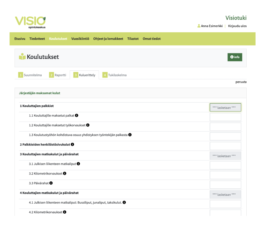 Kuvakaappaus kuluerittely-välilehdeltä.