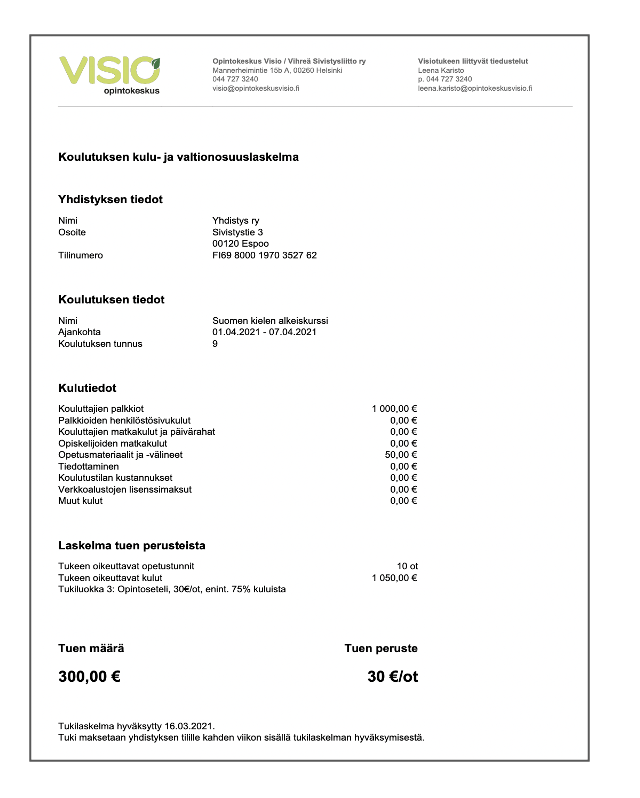 kuvakaappaus tukilaskelmasta.