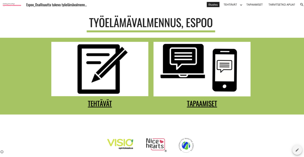 Kuvakaappaus työelämävalmennukselle laaditun verkkoalustan pääsivusta.