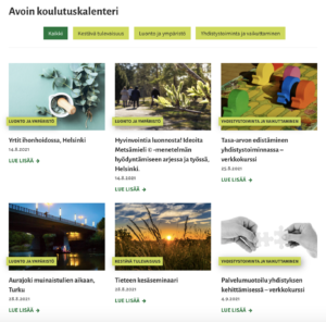 kuvankaappaus vision uudesta koulutuskalenterissa, jossa näkyy pieniä esikatselukuvia ja tietoja koulutuksista. 